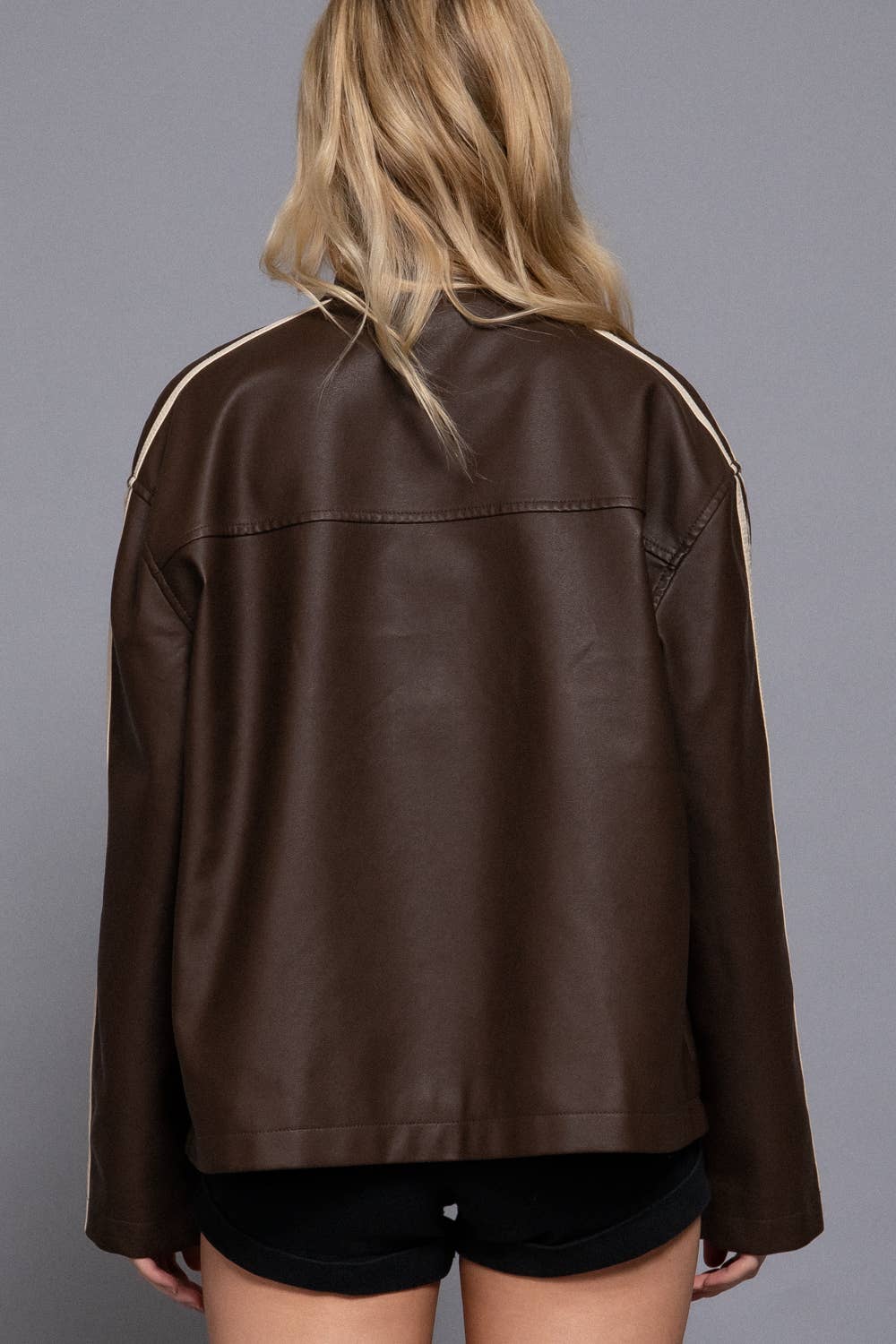Long Sleeve Line Detail Washed Effect Faux Leather Jacket