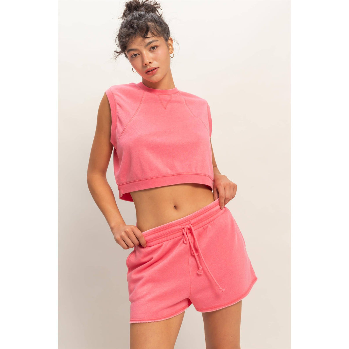 Burnout French Terry Sleeveless Top & Shorts Set: TAFFY PINK