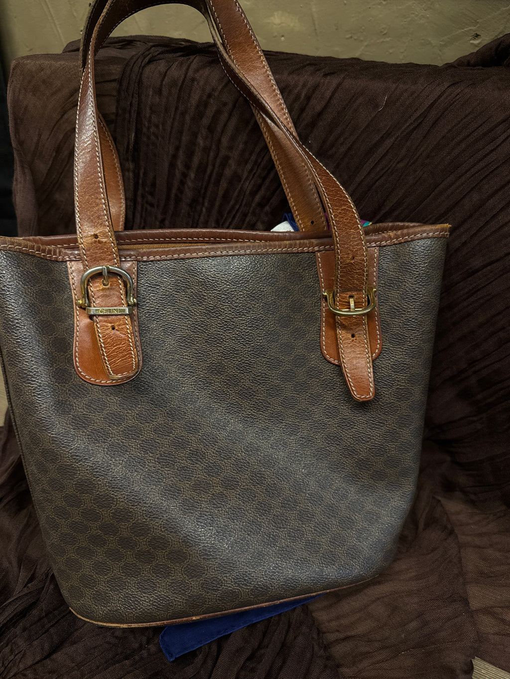 CELINE MACADAM TOTE/BUCKET W/ SILKY SCARF