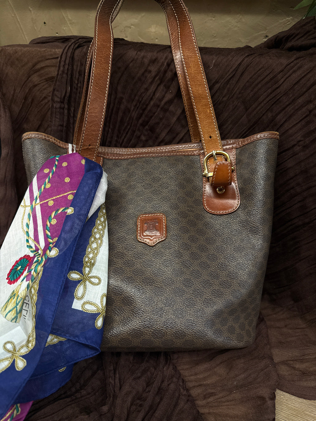 CELINE MACADAM TOTE/BUCKET W/ SILKY SCARF