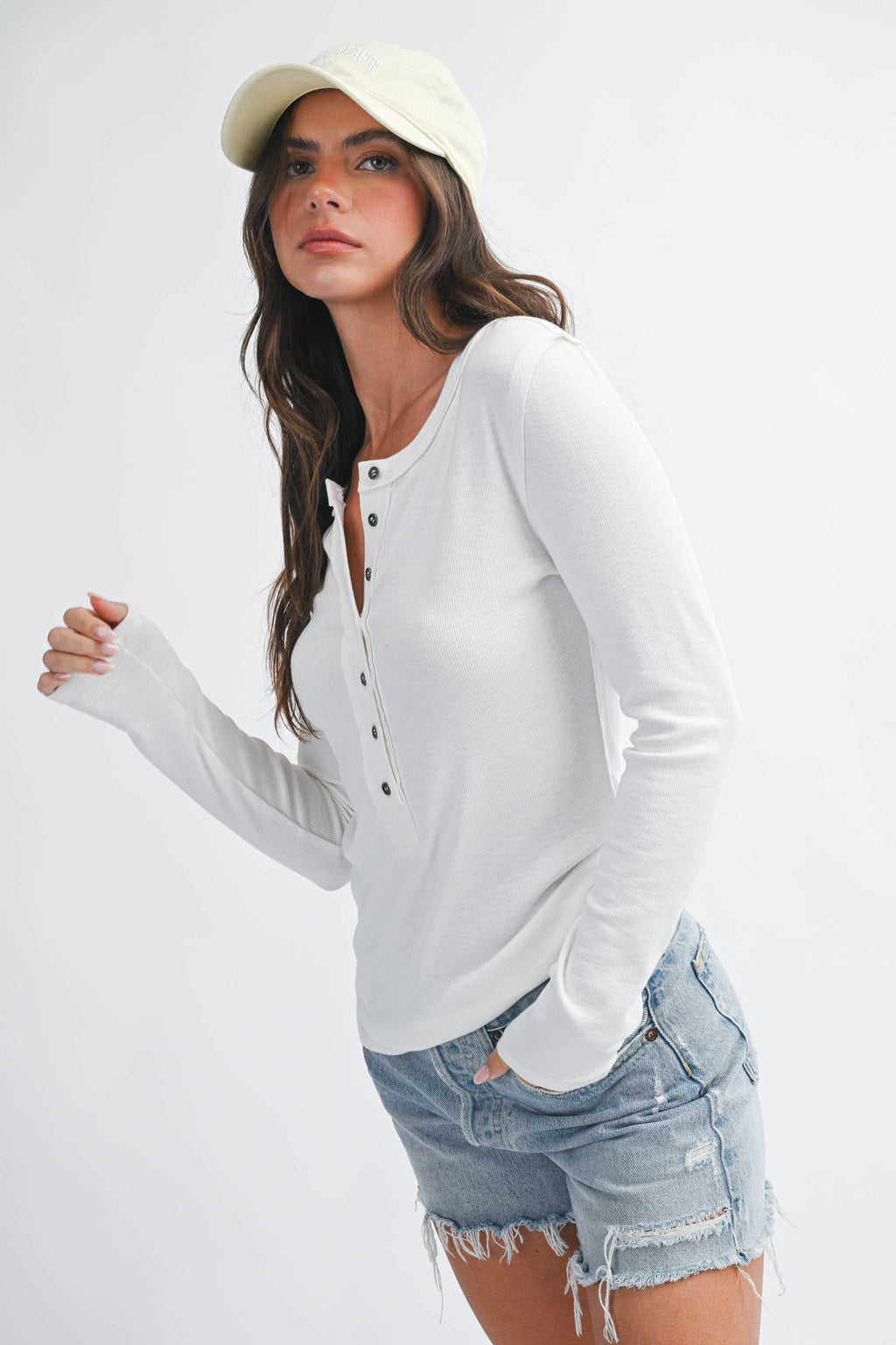 Henley Long Sleeve Top: White