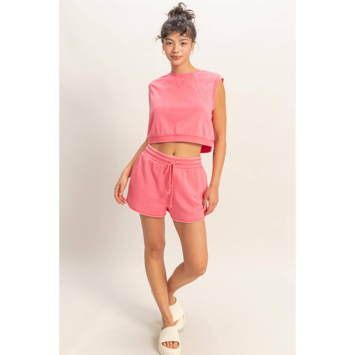 Burnout French Terry Sleeveless Top & Shorts Set: TAFFY PINK