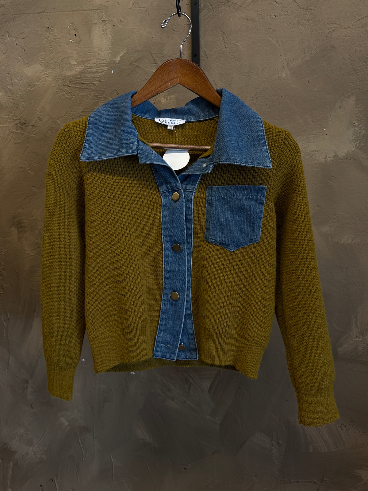 CEZELE KNIT CARDIGAN WITH DENIM TRIM