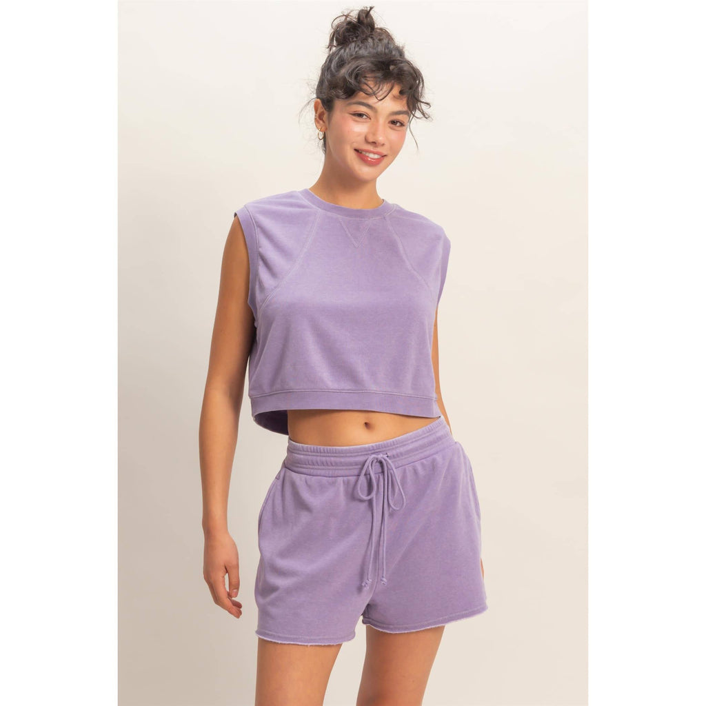 Burnout French Terry Sleeveless Top & Shorts Set: DUSTY PURPLE
