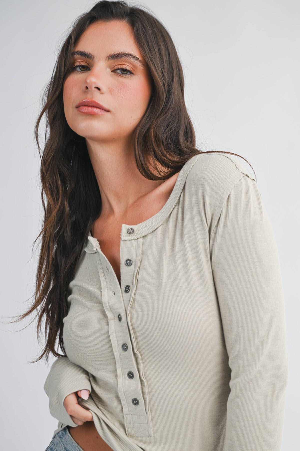 Henley Long Sleeve Top: Oat