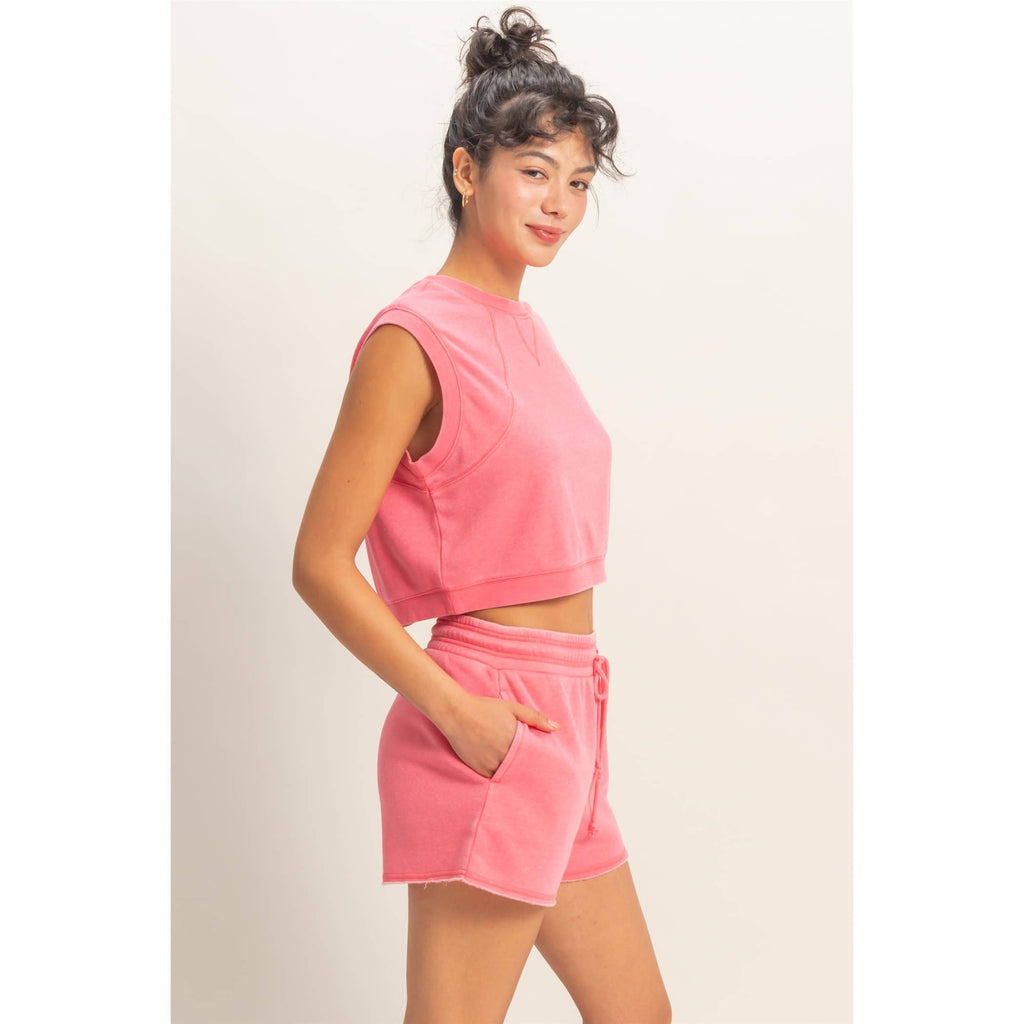 Burnout French Terry Sleeveless Top & Shorts Set: TAFFY PINK