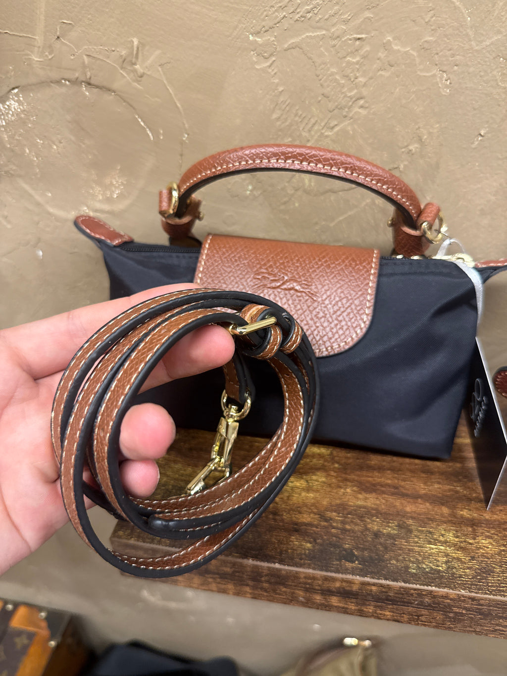 Mini LONGCHAMP + ADDED CROSSBODY STRAP IN BLACK NEW