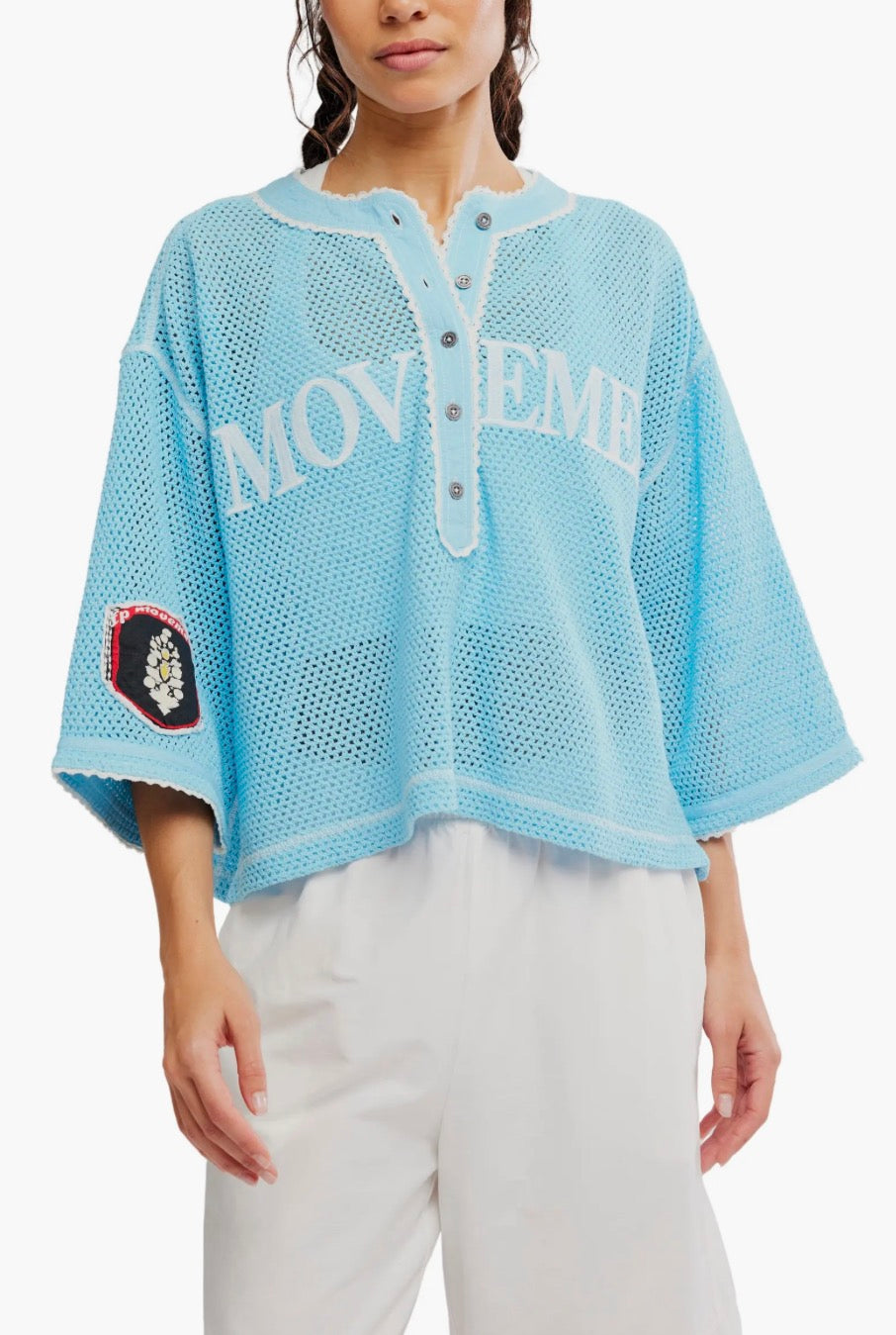 FREE PEOPLE MOVEMENT CAMP OUT EMBROIDERED OPEN STITCH TOP
