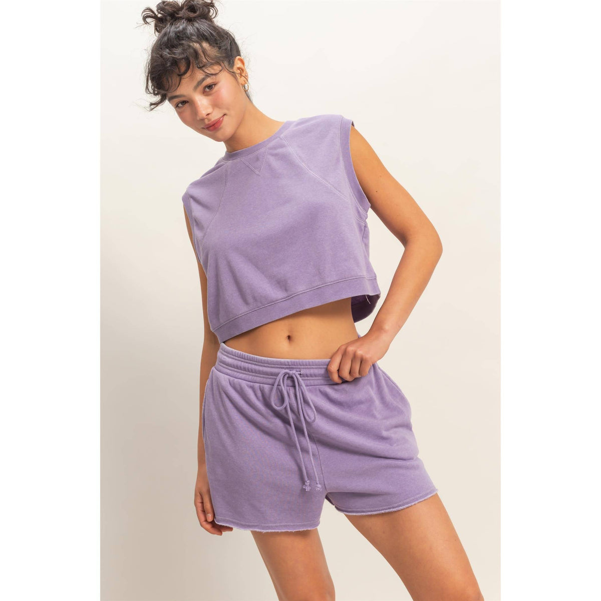 Burnout French Terry Sleeveless Top & Shorts Set: DUSTY PURPLE