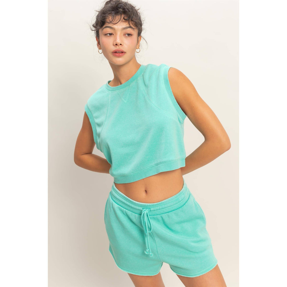 Burnout French Terry Sleeveless Top & Shorts Set: TURQUOISE
