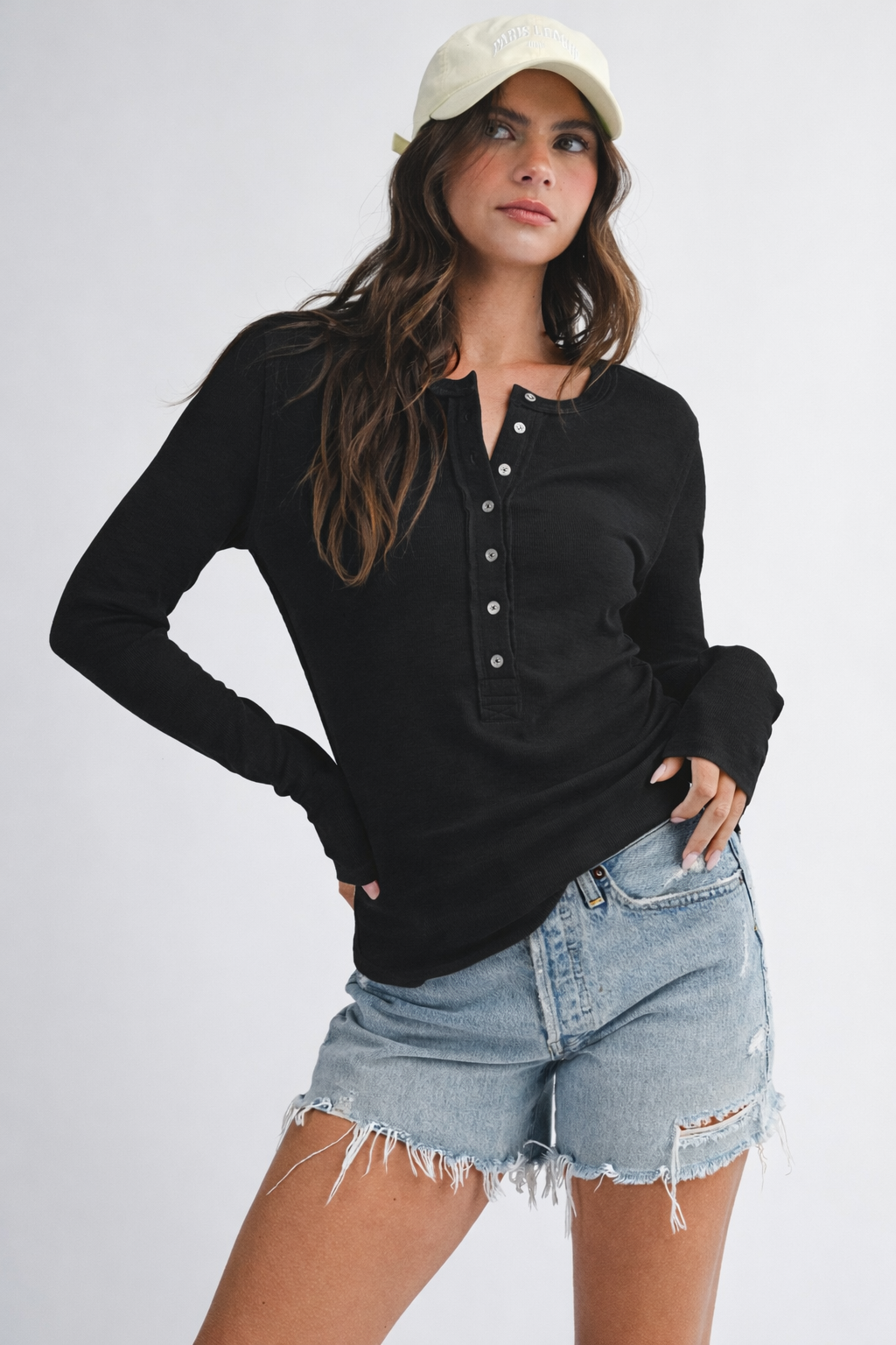Henley Long Sleeve Top: Black