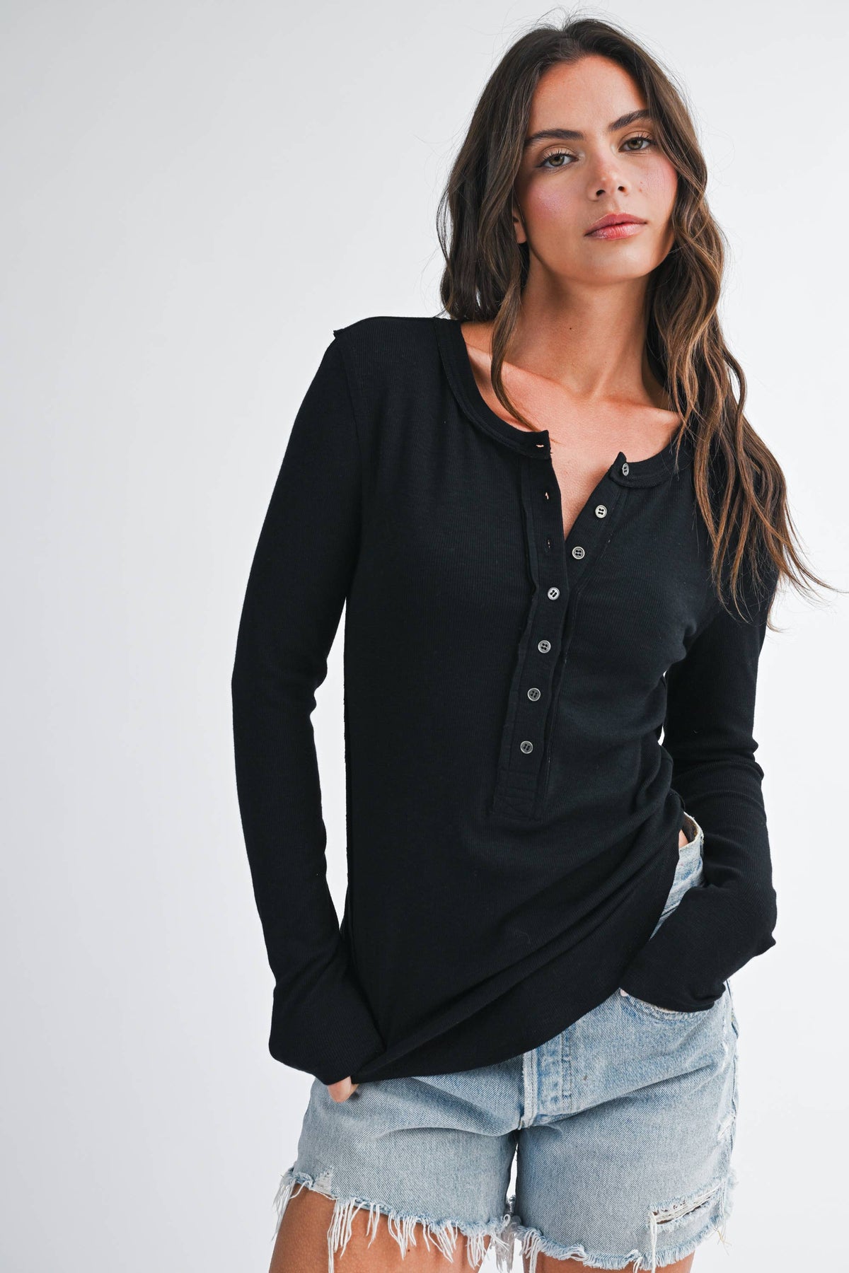 Henley Long Sleeve Top: Black