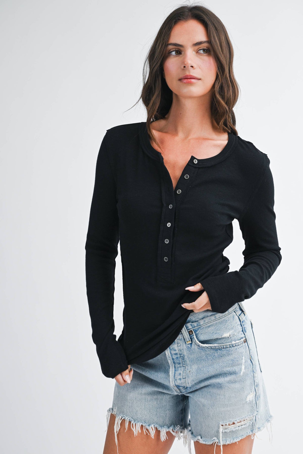 Henley Long Sleeve Top: Black