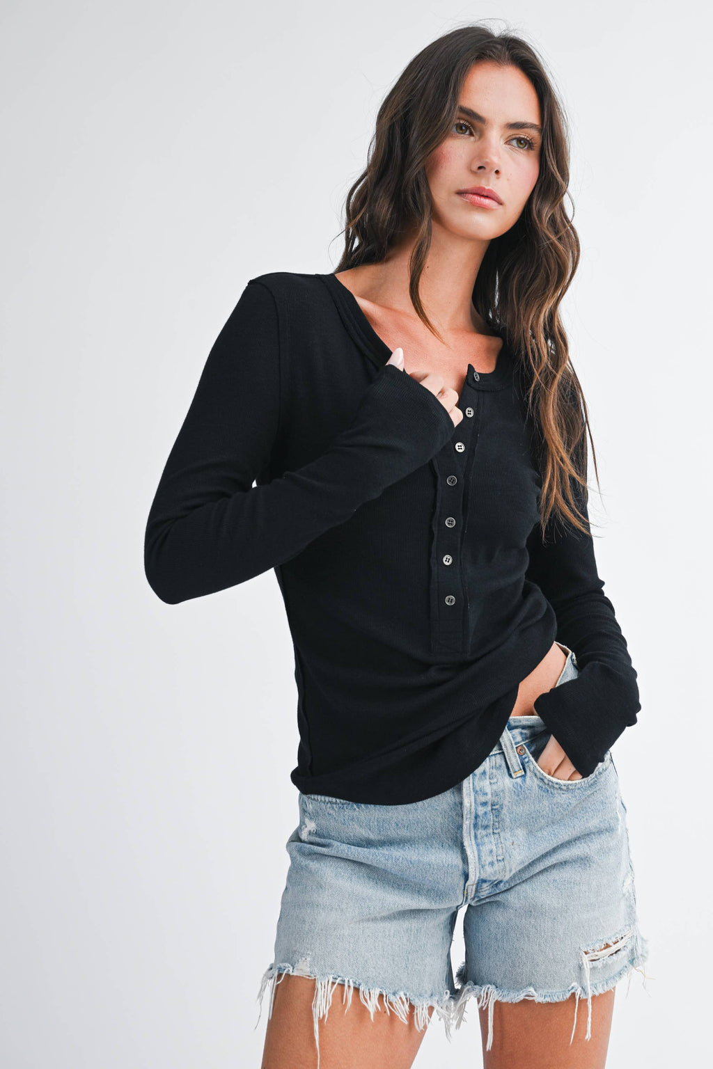 Henley Long Sleeve Top: Black